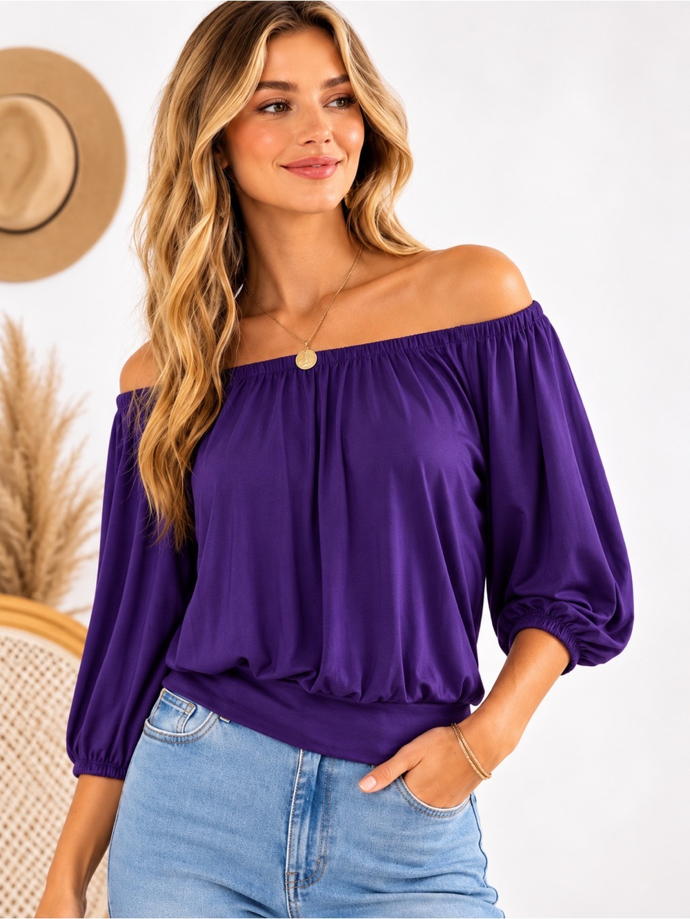 Purple Off Shoulder Peasant Blouse Balloon Sleeve Boho Top Size L FMX